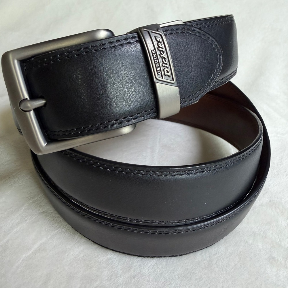 Dickies Leather Belt Men 50-52 Black Brushed Gunmetal Logo‎ Buckle 17GD020039